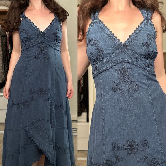 Vtg S Denim Fairycore Embroidered Fairycore Midi Dress Renaissance Festival - Picture 1 of 10